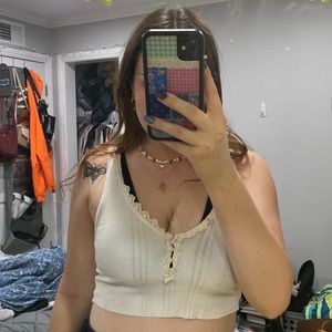 Cropped, Off-White, Tank Top with Lace Trim and Buttons